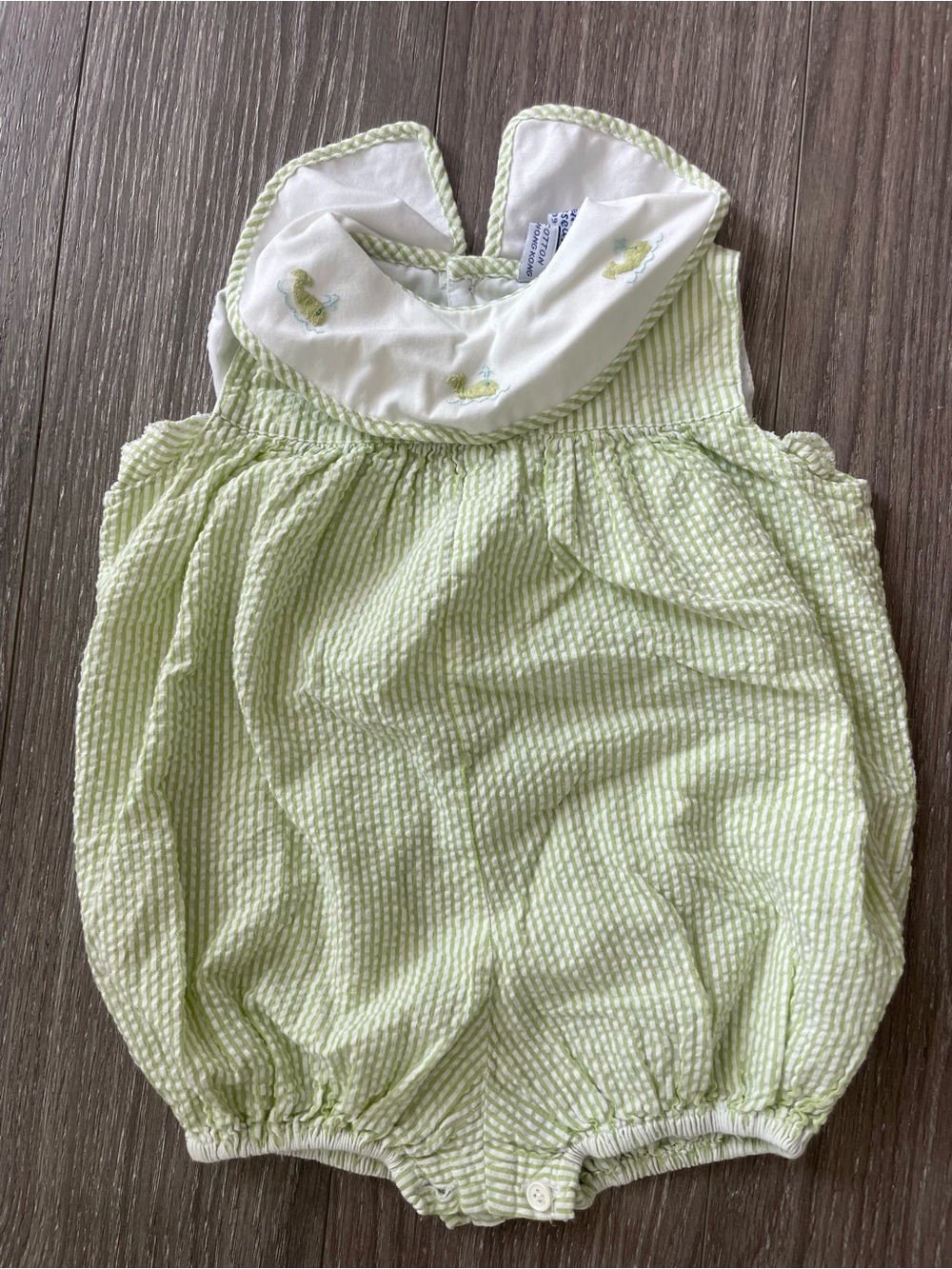 Baby Bubble Romper with Green Seersucker and Embroidered Collar